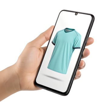 A hand holding a smartphone with a t-shirt on it photo