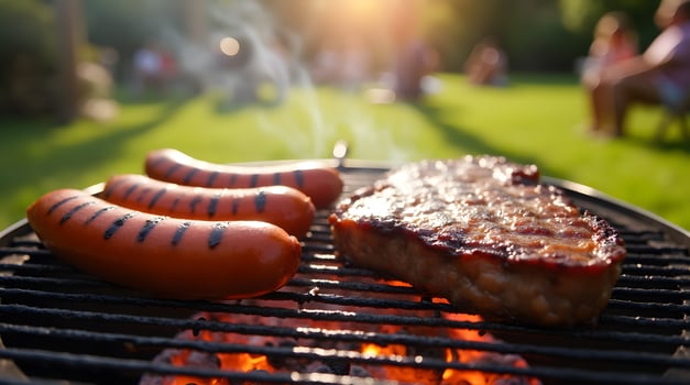 Sausages and Steak on a Charcoal Grill with Blurred Background People photo
