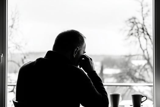 A man sitting at a table with a cup of coffee photo