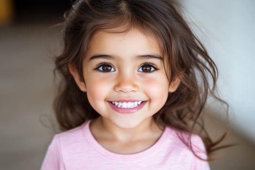 A little girl with brown hair and a pink shirt photo