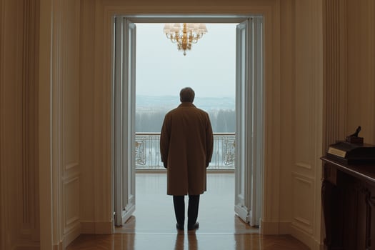 A man in a coat standing in an open doorway photo