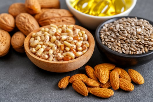 Nuts, seeds and oil in bowls photo