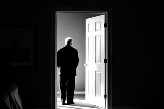 A man standing in the doorway of an open door photo