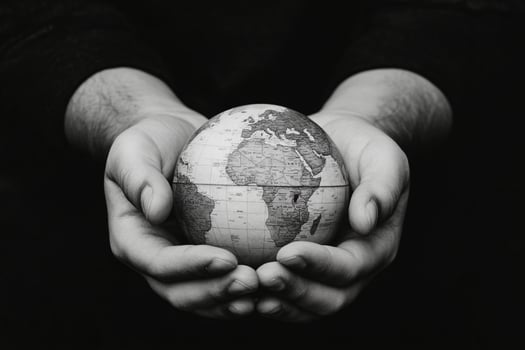 Hands holding a globe in black and white photo