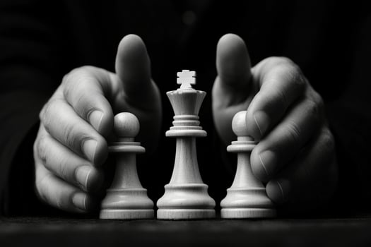 A black and white photo of two hands holding a chess piece