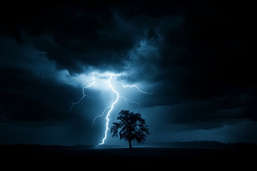 A lightning bolt strikes a tree in the dark photo