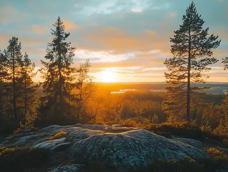 sunset in the forest with trees and rocks photo