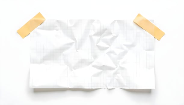 A crumpled graph paper, taped to a white surface, conveying a sense of discarded or used. photo