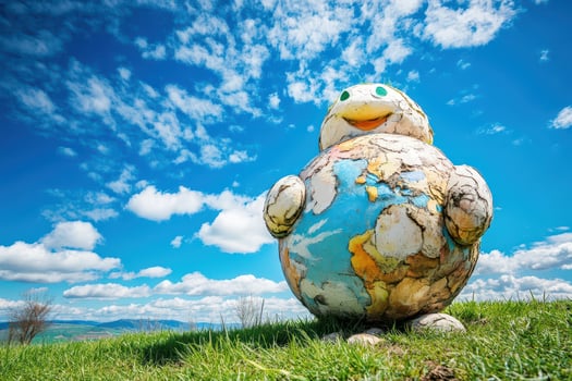 Sunny landscape with globe sculpture photo