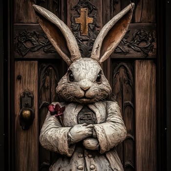 Whimsical rabbit statue near a wooden door photo