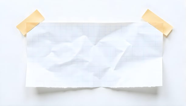 Crumpled graph paper taped to a white surface, evoking a sense of notes or thoughts. photo
