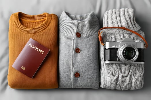 Cozy travel essentials including sweaters, a camera, and a passport ready for adventure and exploration photo