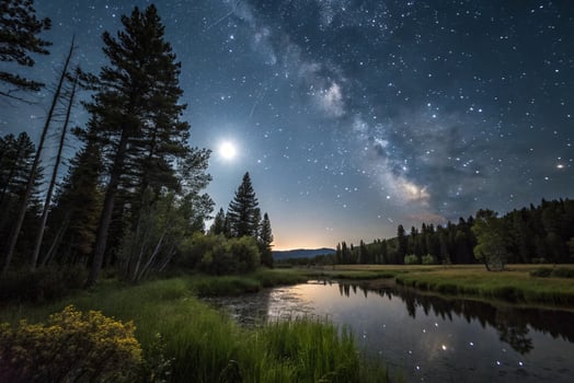 the milky way over the river in the night sky photo