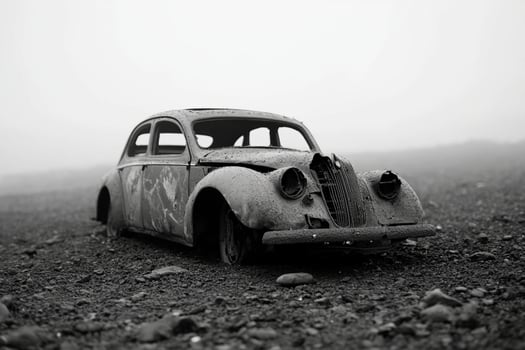 An old car sits in the middle of a field photo