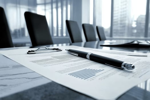 A pen and glasses sit on a table in front of a large window photo