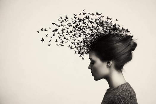 A woman with birds flying out of her head photo