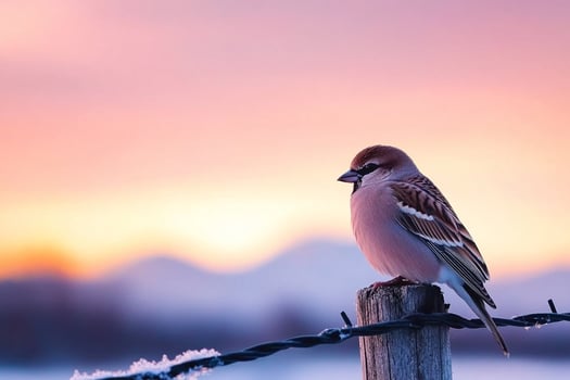 A bird sits on a fence post at sunset photo