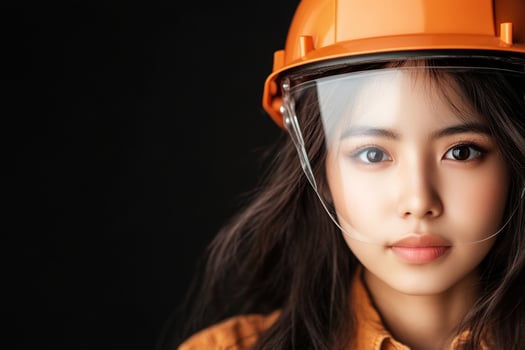 Asian woman wearing orange hard hat and safety glasses photo