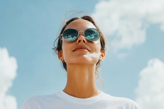 A woman wearing sunglasses and a white t - shirt photo