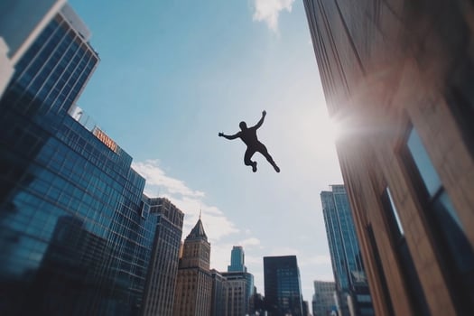 A man jumping off a building in the city photo