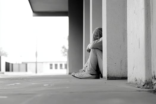 A person sitting on the ground with their head in their hands photo