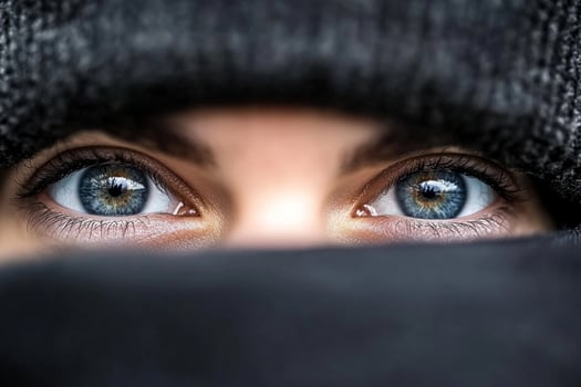 A woman with blue eyes is looking through a hat photo