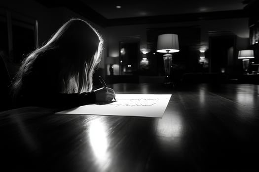 A woman is writing on a piece of paper in the dark photo