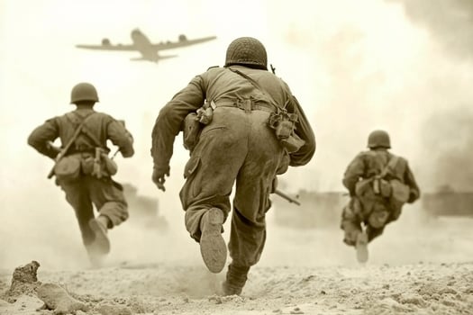 Three soldiers running towards an airplane photo
