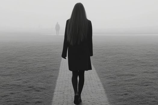 A woman walking down a path in the fog photo