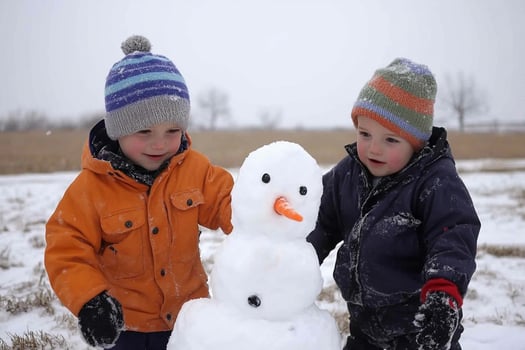 Two young boys playing with a snowman photo
