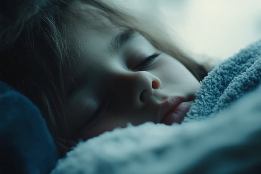 A young child sleeping in bed with a blanket photo