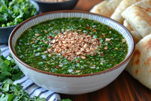 Bowl of Green Herb Sauce with Toasted Nuts and Flatbread photo