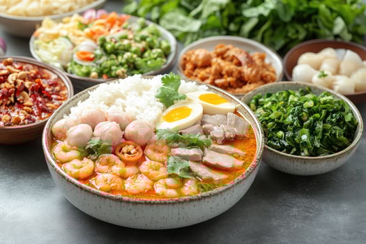 Bowl of Spicy Shrimp, Meat, Rice, and Egg with Side Dishes photo