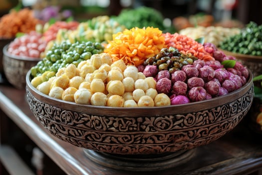 Carved Wooden Bowl Filled with Various Colorful Fruits and Vegetables photo