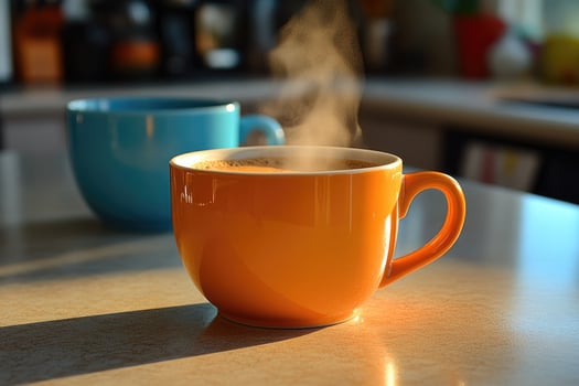 Steaming Cup of Coffee on a Tabletop photo