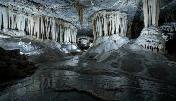 Cave interior with illuminated stalactites stalagmites intricate textures and glowing formations photo