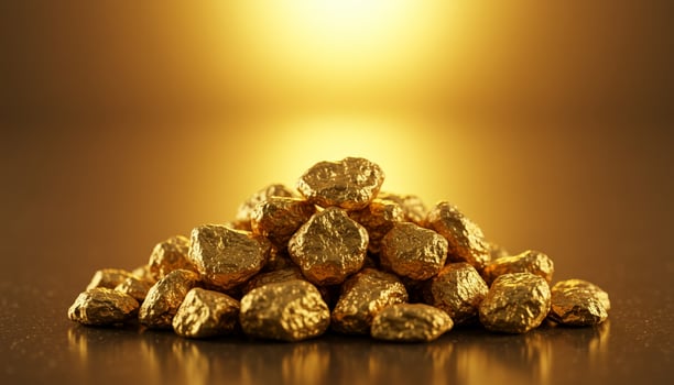 Gold nuggets on reflective surface glowing golden background and luxurious metallic details photo