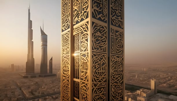 Golden Skyscraper with Intricate Designs in Cityscape at Sunset photo