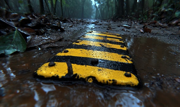 Wet Pathway with Yellow and Black Warning Sign in a Dense Forest Surrounded by Rain and Lush Greenery, Evoking a Sense of Mystery and Adventure photo