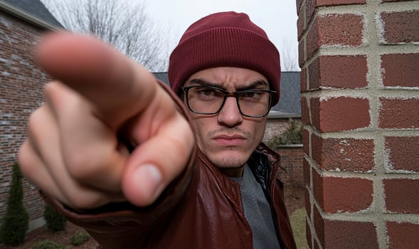 A man wearing glasses and a red jacket pointing at something photo