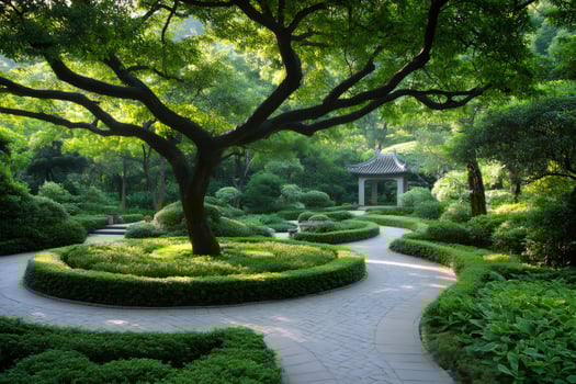 Lush green trees and shrubs growing in Nan Lian Garden, Hong Kong photo
