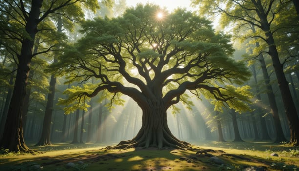 majestic tree with sprawling branches stands in sunlit forest, surrounded by lush greenery and soft light rays. photo