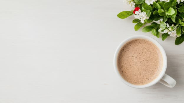 Cup of coffee and flowers on white wooden table top view photo