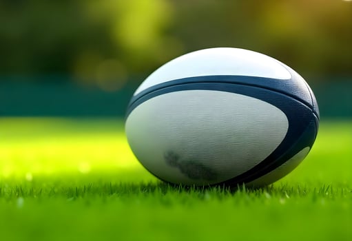 Close-Up of a White Rugby Ball with Bold Dark Blue Accents on a Lush, Vibrant Green Field photo