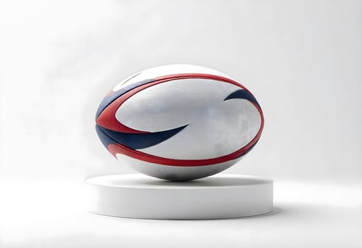 3D Rendered of Rugby Ball with Red and Blue Curved Patterns on a Pedestal photo
