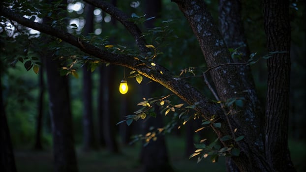 A serene landscape featuring moonlight reflecting on water, illuminated grass, and a glowing orb, creating a tranquil evening scene. photo