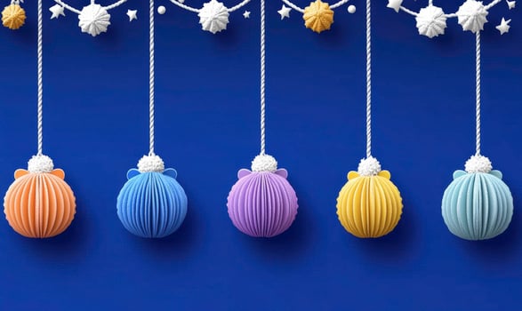 Colorful paper decorations hanging from strings on a blue background photo