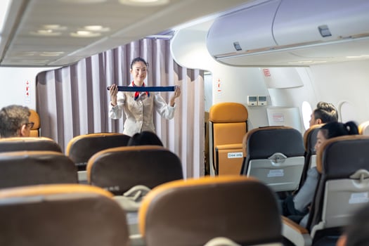 Asian flight attendant demonstrating safety procedure using seat belt before taking off in the airplane for cabin crew and airline business usage photo
