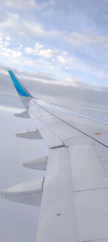 Airplane wing against a cloudy sky photo