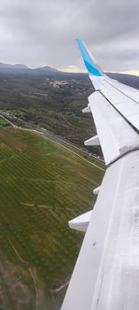 View from the window onto the wing of an airplane during a flight above the ground photo
